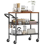 WDT 3 Tier Rolling Carts with Wheels, Heavy Duty Rolling Utility Cart with Wood Tabletop, Commercial Grade Metal Cart with Handle and Hooks, NSF Storage Serving Carts for Kitchen Island, Wood+Metal WDT