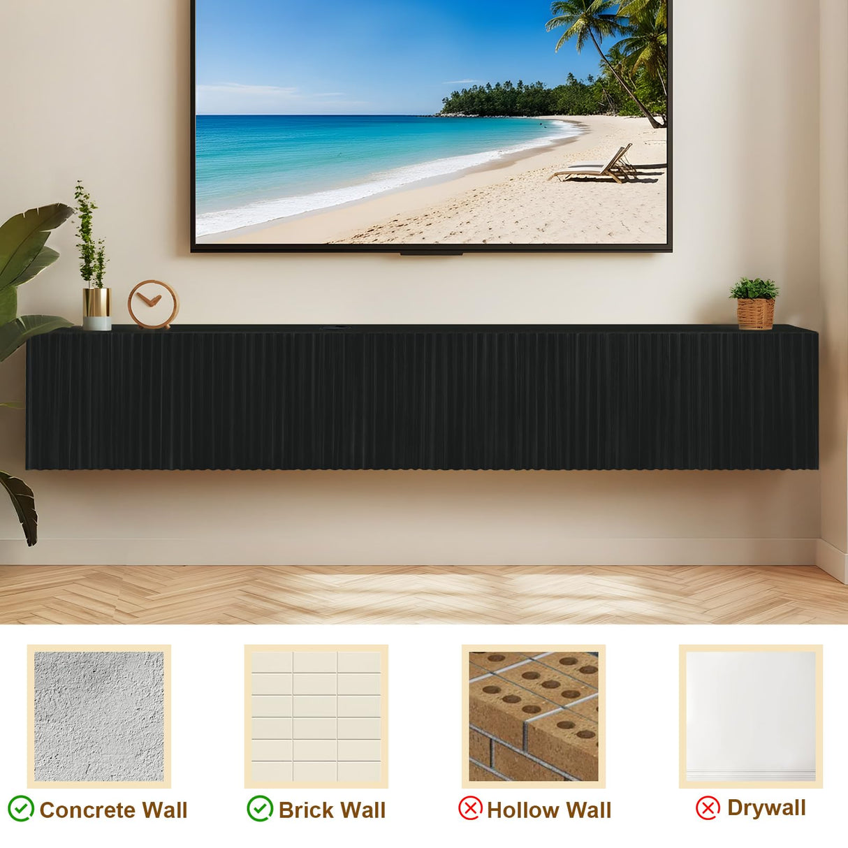 ZYBT Floating TV Stand, Modern Wall Mount Entertainment Center TV Shelf, 70.7" Media Console Under TV Storage Cabinet with Fluted Doors, TV Consoles for Living Room, Floating Cabinet for Wall (Black) ZYBT