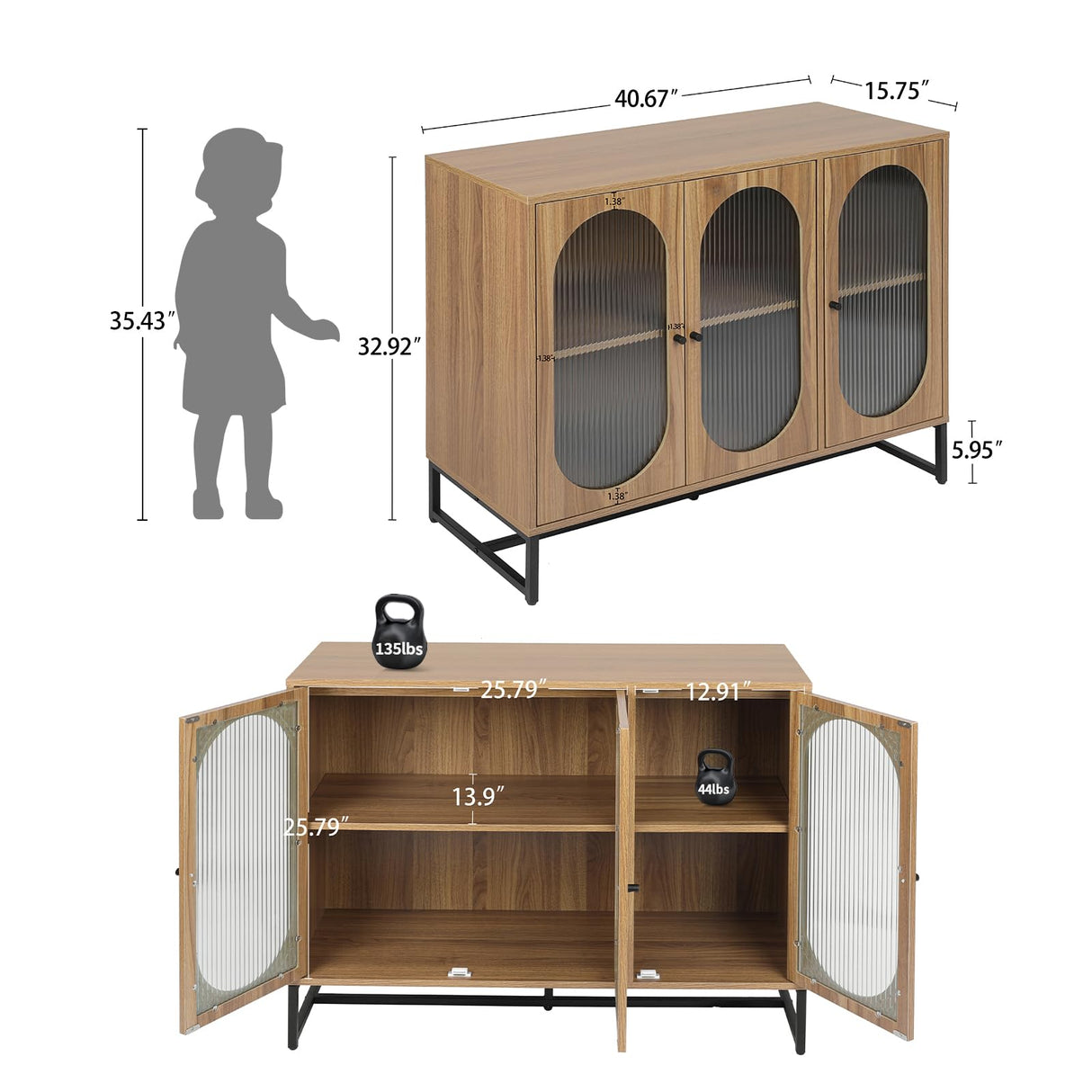 YHAOWORKS Sideboard Buffet Cabinet with Storage - Modern Fluted Glass 3 Doors Accent Storage Cabinet with Metal Legs, Wood Credenza for Living Room (Walnut 1PC) YHAOWORKS