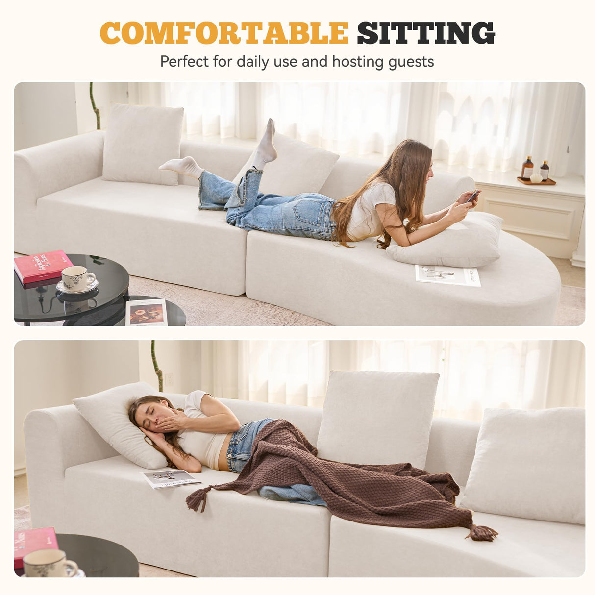 126" Modular Sectional Sofa, Modern Cloud Curved Couch with Deep Seat, Upholstered Oversized Couches for Living Room, No Assembly Required, Beige Chenille Fabric, 1PCS Luxanimarion