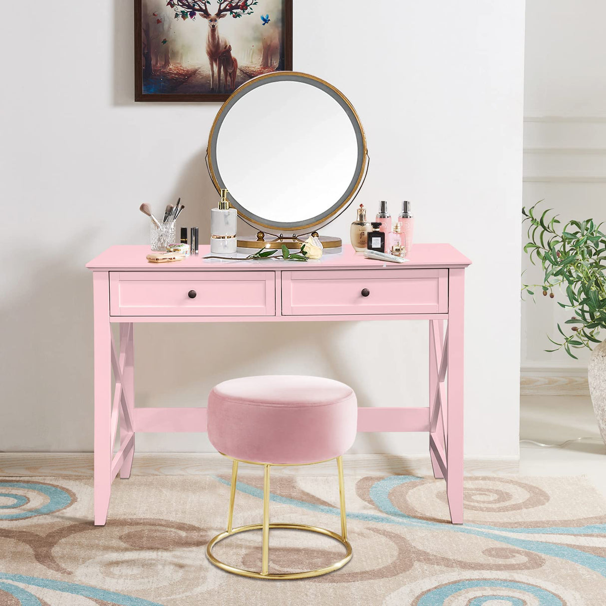 Lewahom Writing Computer Desk with Drawers, Cute Modern Table for Bedrooms, Pink Vanity Table Office Desk with Drawers, Home Computer Desk for Girls Living Room Entryway, Pink Lewahom