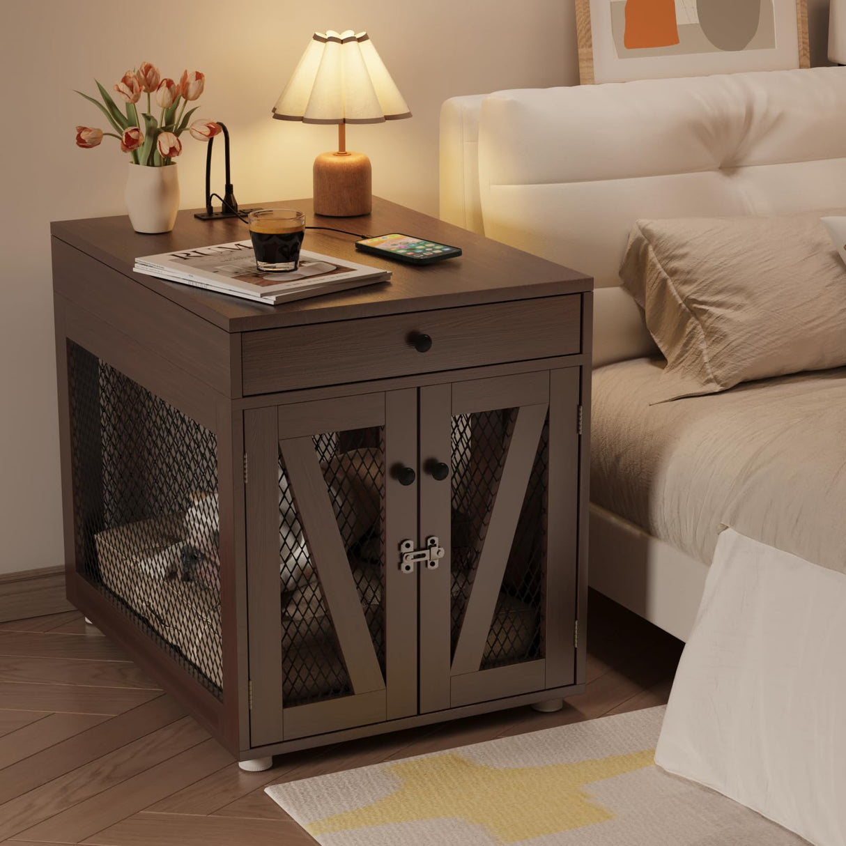 VOWNER Dog Crate Furniture, Wooden Dog Kennel End Table with USB Charging Station, Storage Drawer, Double Latched Door, Furniture-Style Crate Side Table for Medium Dogs Under 40 lbs Indoor, Oak Brown VOWNER