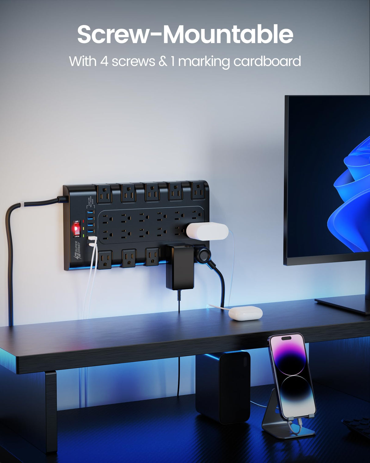 Power Strip, SUPERDANNY Surge Protector with 22 AC Outlets and 6 USB Charging Ports, 1875W/15A, 2100 Joules, 6.5Ft Flat Plug Heavy Duty Extension Cord for Home, Office, Dorm, Gaming Room, Black SUPERDANNY