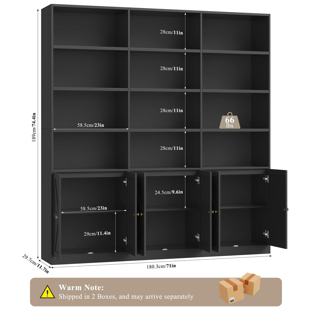 FACBOTALL 75" Triple Wide Bookshelf, Bookshelf and Bookcase with 6 Farmhouse Doors, 71" Wide 6 Tier Book Shelf with 18 Storage Shelves, Large Wooden Bookshelves, Tall Bookcase for Home Office, Black FACBOTALL