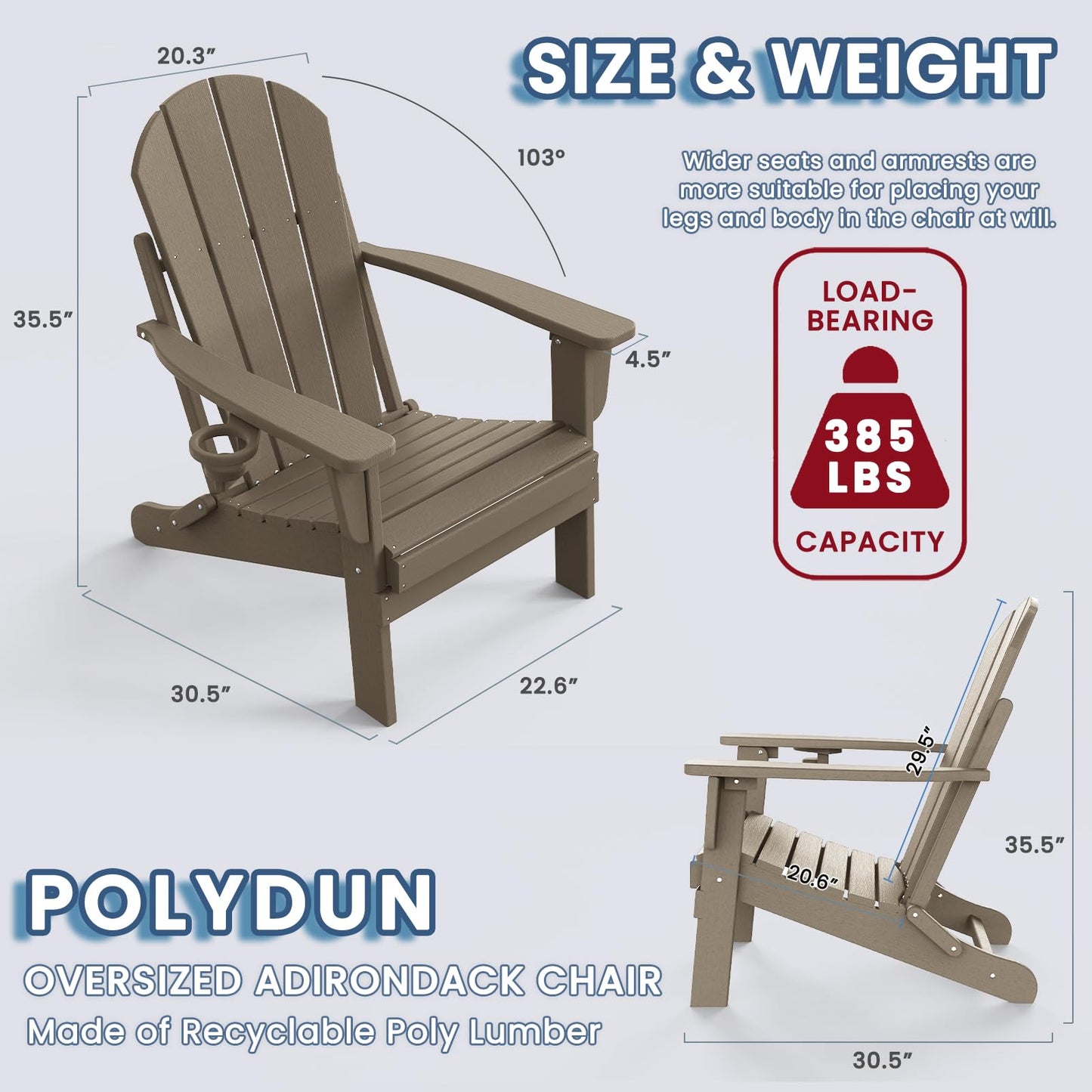 Folding Adirondack Chair with Cup Holder, Poly Lumber Patio Chairs, Wood Texture, Pre-Assembled Weather Resistant Outdoor Chairs for Pool, Deck, Backyard, Garden, Fire Pit Seating, Weathered Wood