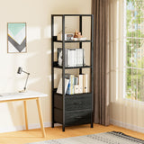 Furnulem 4-Tier Corner Shelf, Bookshelf with 2 Storage Drawers, 57.28”Tall Narrow Bookcase, Standing Shelf Organizer Unit for Living Room, Bedroom, Metal Frame, Wood Display Shelf Furnulem