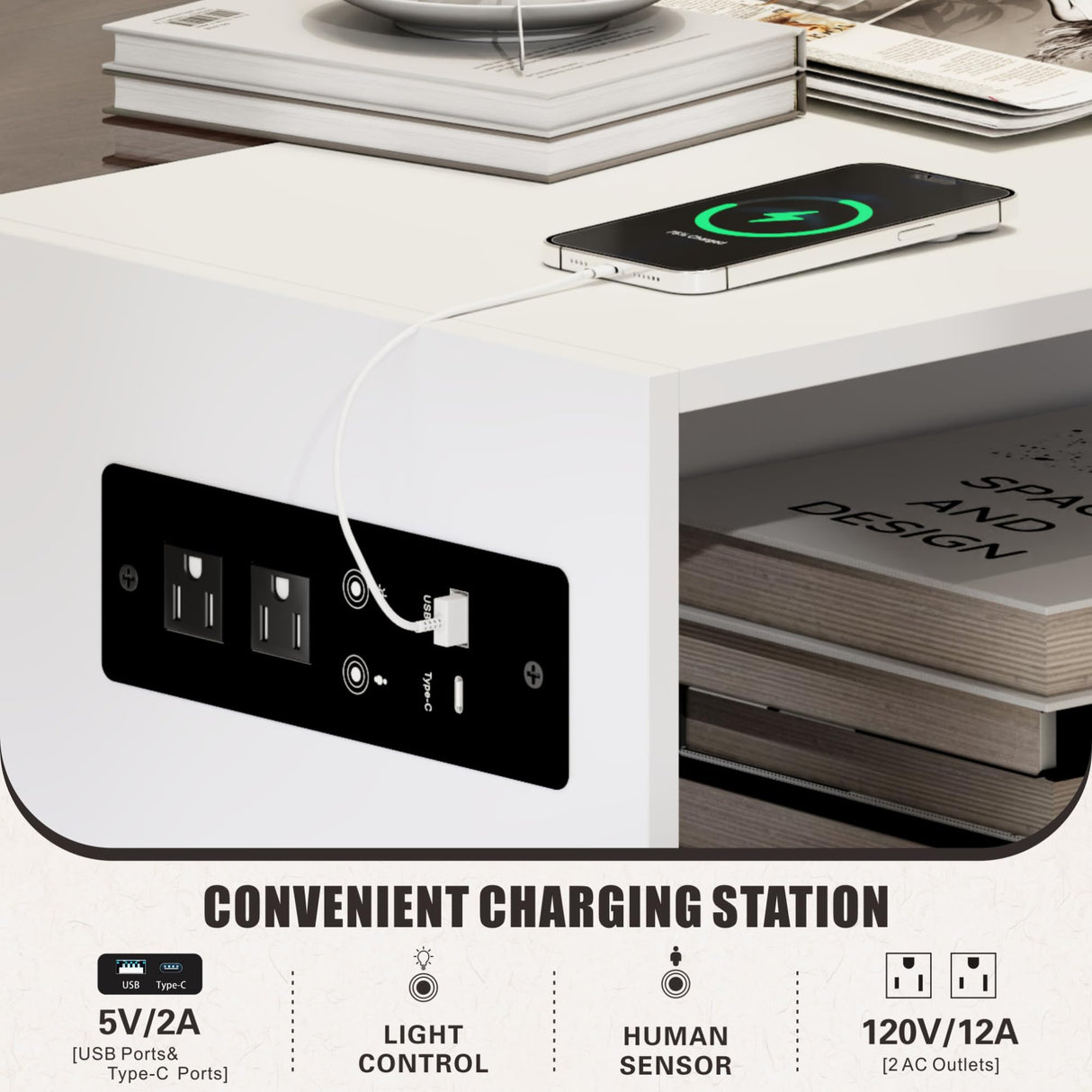 Glass Coffee Tables for Living Room, Grey Mid Century Modern Coffee Table with Storage, Smart Led Light Wood Coffee Table（White） HWB