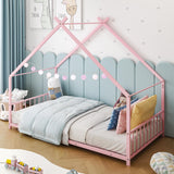 Karl home Twin Size Toddler Floor Bed, Metal Montessori Bed with Slats & Fence, Roof/House/Canopy Bed Frame for Girls, Boys, No Box Spring Needed, Pink Karl home