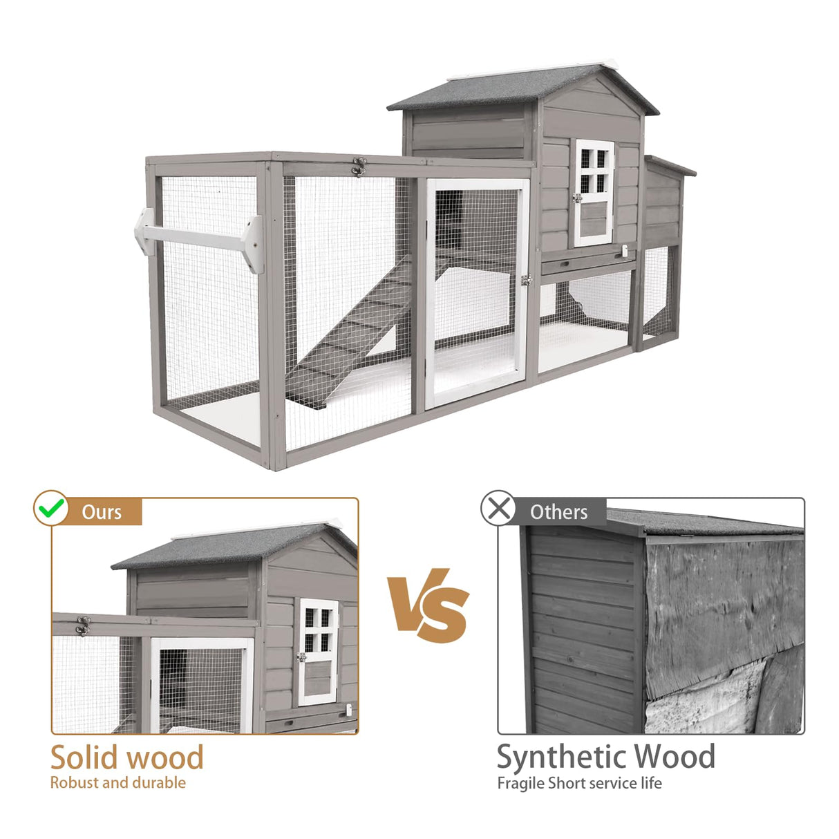 Ketive Wooden 79" Chicken Coop with Wheels Asphalt Roof Nest Boxes Pull-Out Trays - All Solid Wood and Galvanized Wire Mesh Chicken House Against Snakes, Weasels ketive