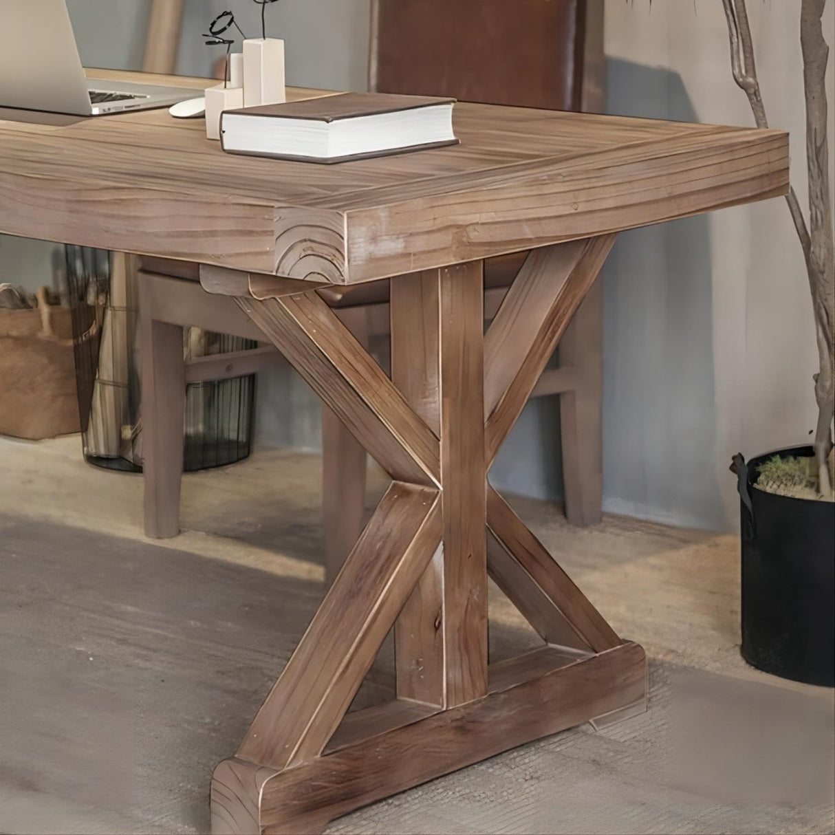 homary 59.1" Office Desk Rustic Farmhouse Computer Table Wood Executive Desk with Trestle in Natural (59.1" L x 27.6" W x 29.5" H) homary