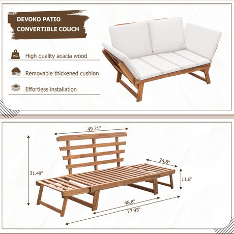 Devoko Outdoor Couch Acacia Wood Patio Couch with Adjustable Armrests, Outdoor Convertible Sofa with Removable Cushions & Pillows for Patio, Porch, Poolside(White) Devoko