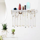 YYILIS Necklace Holder, Upgraded Extra Large Wall Necklace Organizer with 30 Hooks Wall Mounted Necklace Hanger with Jewelry Tray/Cosmetics Shelf Rustic Pine Wood Holder (White) YYILIS