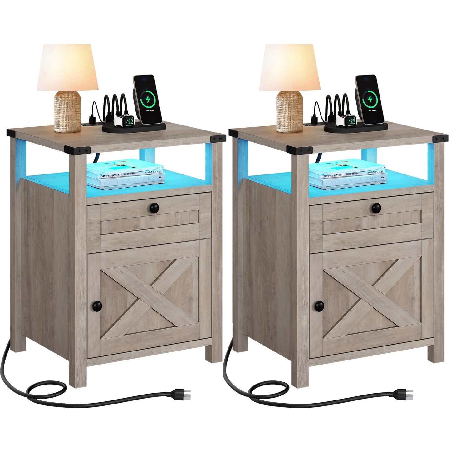 YITAHOME Farmhouse Nightstand with LED Lights & Charging Station, Night Stands with Drawer for Bedroom, End Side Table Bedside Table with Storage Cabinet, X-Design, Set of 2, Rustic Grey