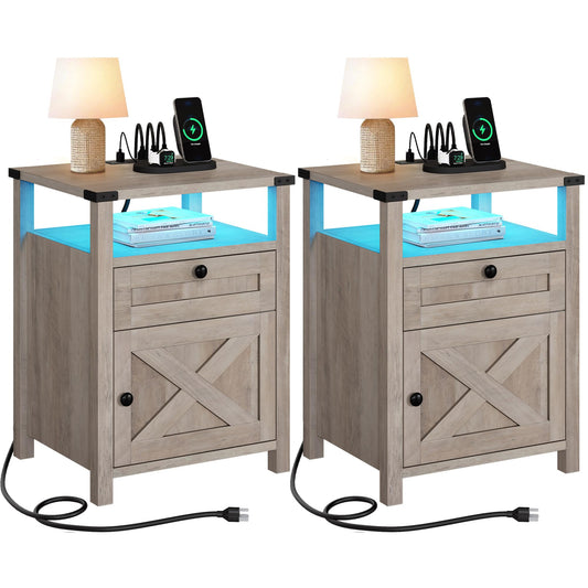 YITAHOME Farmhouse Nightstand with LED Lights & Charging Station, Night Stands with Drawer for Bedroom, End Side Table Bedside Table with Storage Cabinet, X-Design, Set of 2, Rustic Grey - WoodArtSupply