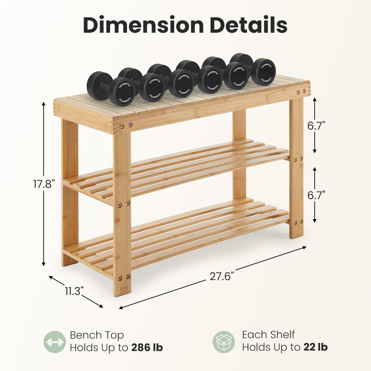 DUMOS Shoe Rack Bench, 3-Tier Bamboo Entryway Benches, Holds Up to 286 lb Storage Organizer, 11.3 x 27.6 x 17.8 Inches, Suitable for Bedroom Living Room Balcony, Wood DUMOS