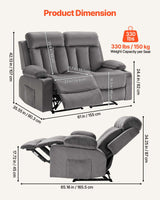 VEVOR Loveseat Recliner Sofa, Power Reclining Couch with Heating and Massage, Soft Velvet Electric Recliner Sofa with USB Ports, Cup Holders and Side Bags, Dual Loveseat Chair for Living Room, Grey VEVOR