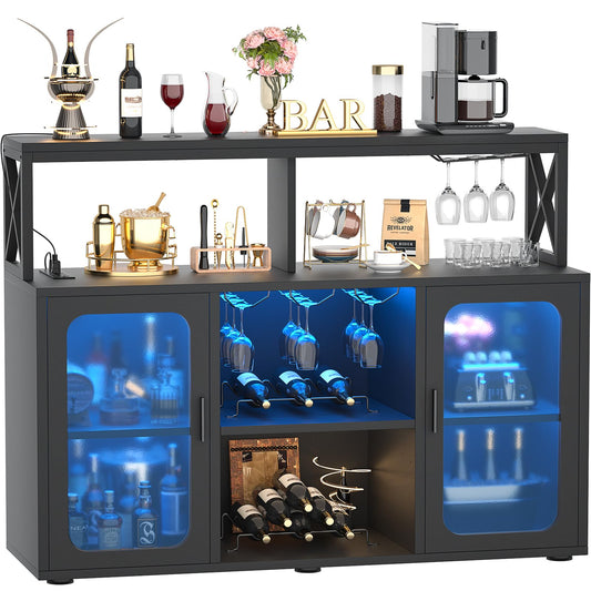 Aheaplus Bar Cabinet with Power Outlets, Liquor Cabinet with Led Lights and Glass Holder, Storage Buffet Cabinet Coffee Bar Cabinet for Liquor, Wine Cabinet with Racks -G3, Black