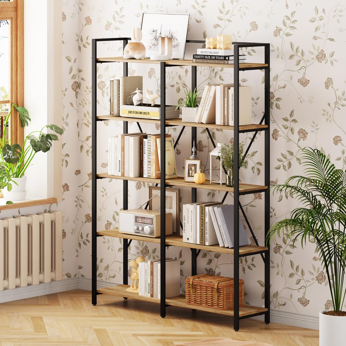 BON AUGURE 5-Tier Vintage Oak Industrial Bookshelf - Heavy Duty Etagere Shelving Unit for Home & Office - WoodArtSupply