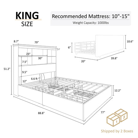 AMERLIFE King Size Wooden Platform Bed with Storage LED Bookcase Headboard and Charging Station, Rustic Grey AMERLIFE