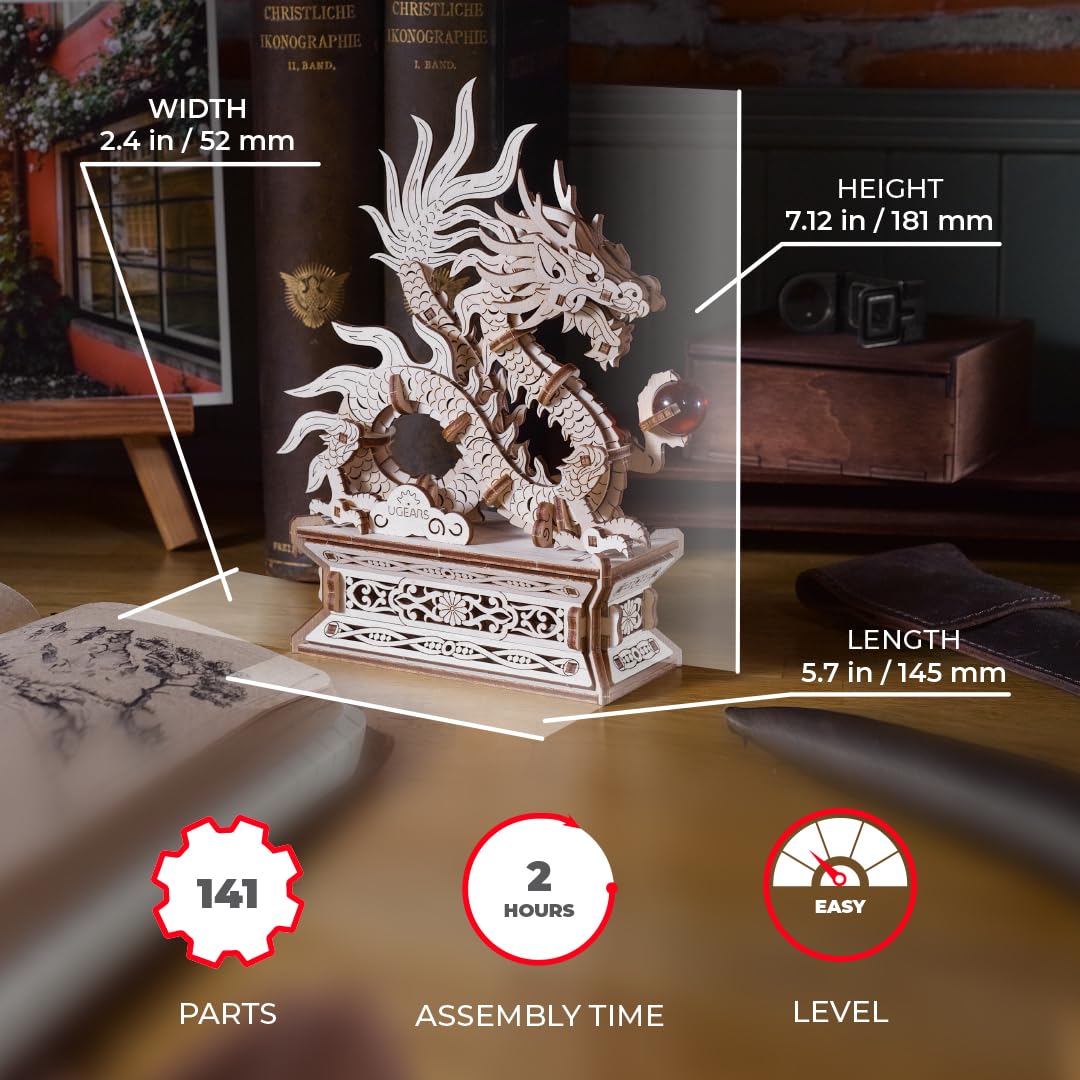 UGEARS Wood Dragon Puzzle 3D - Model Building Kits for Adults - Chinese 3D Dragon Wooden Puzzle Hobbies for Men - Wooden Models for Adults to Build