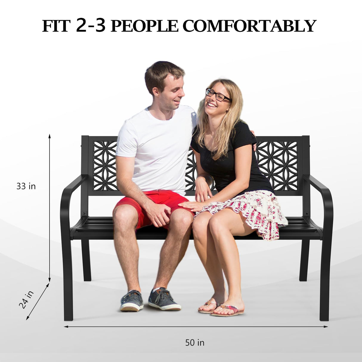 VINGLI 50" Outdoor Bench Metal with Floral Back, Garden Bench Front Porch Benches for Yard Patio Entryway Park Outside, 800lb Capacity - Black VINGLI