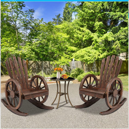 Kinsuite 2 PCS Fir Wooden Rocking Chair Set with Wheel Armrest, Outdoor Wagon Rocking Chairs for Garden, Lawn, Yard, Rustic Brown
