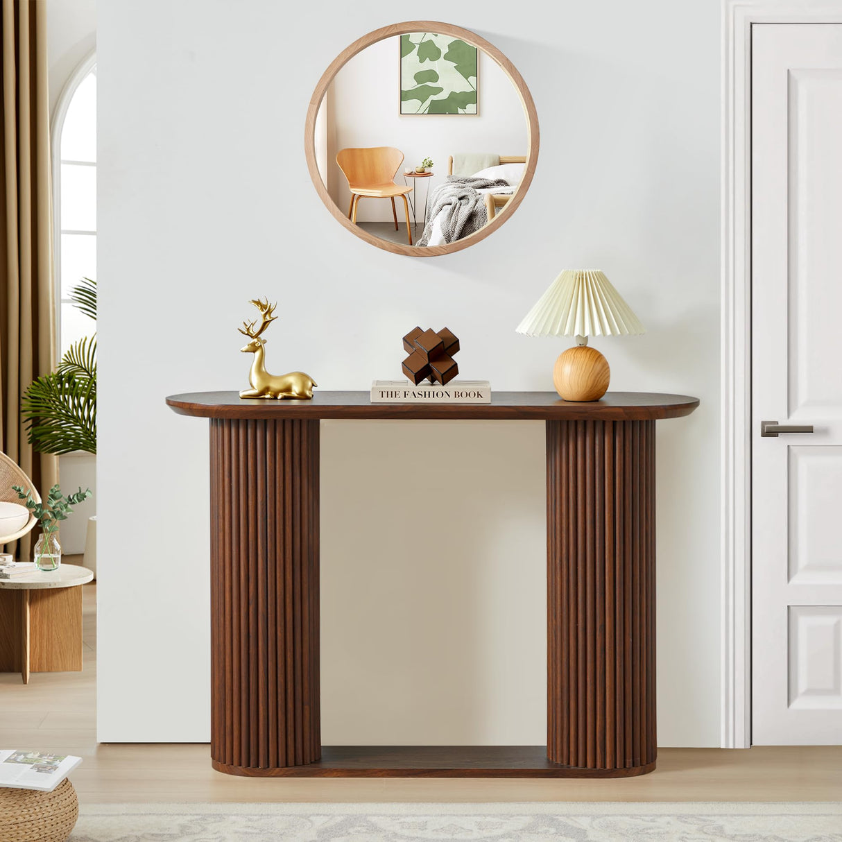 RUSTYER Fluted Console Table, Farmhouse Oval Curved Entryway Table with Storage and Fluted Wood Legs, Narrow Small Long Entry Sofa Table for Entrance, Hallway, Living Room (Walnut) RUSTYER