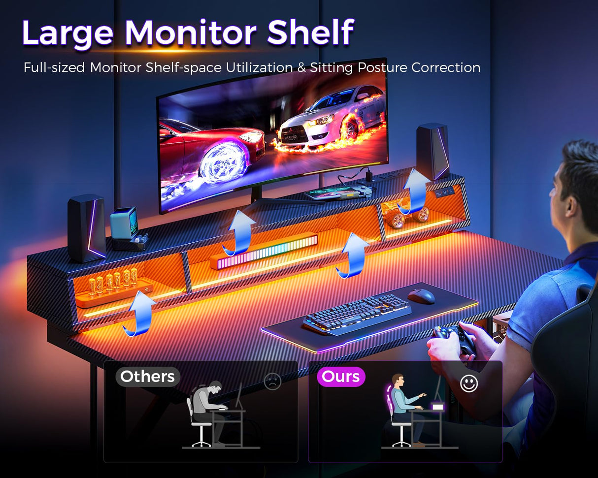 MOTPK Gaming Desk with Float Monitor Stand, Computer Desk 48inch with Shelves & Power Outlet, Gamer Desk Gaming Table with LED Lights, Kids Boys Gaming Desk, Black MOTPK