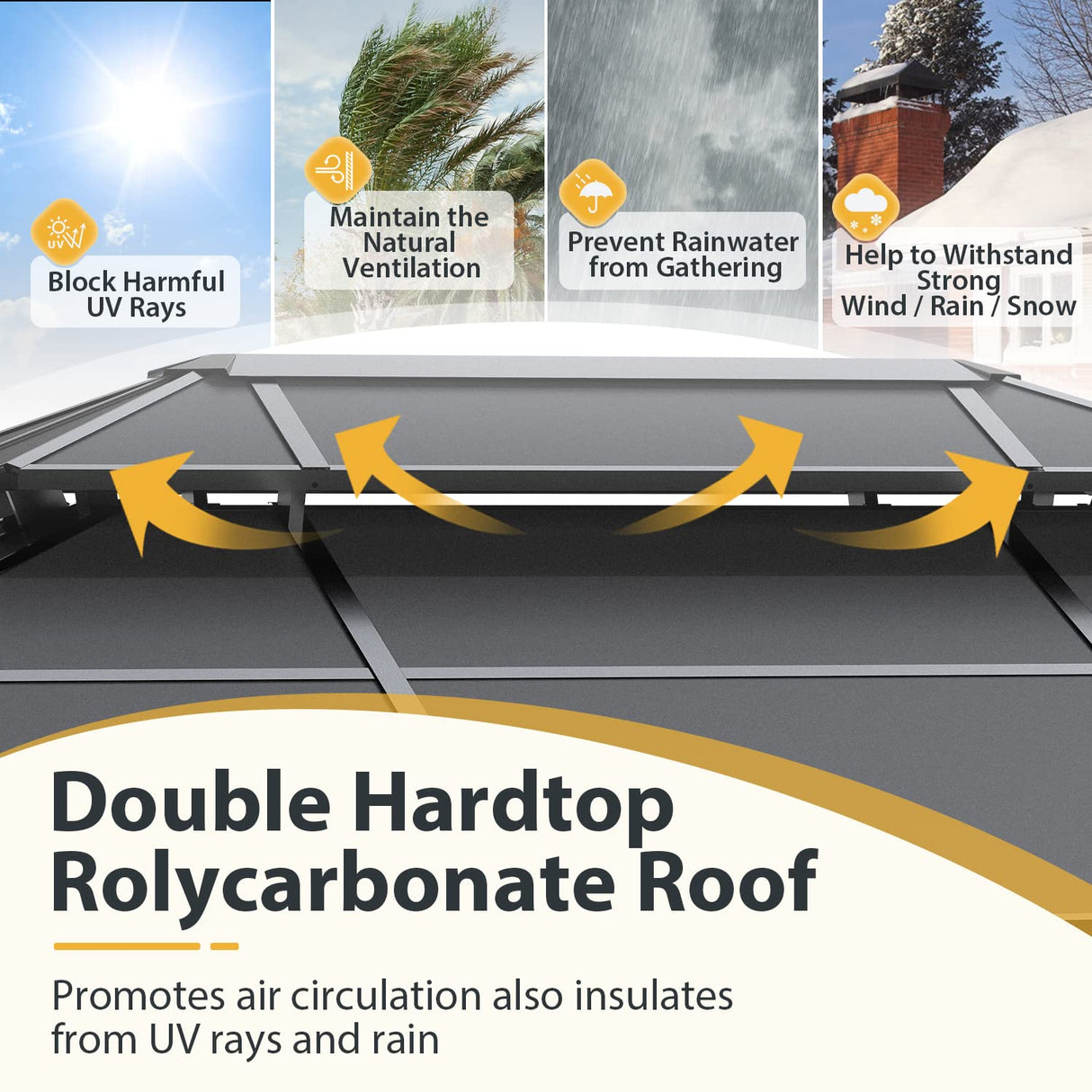 Greesum 10'x13' Hardtop Polycarbonate Gazebo, Outdoor Steel Double Roof Canopy, Aluminum Frame Permanent Pavilion with Netting and Curtains for Lawns, Patio, Backyard and Deck Greesum