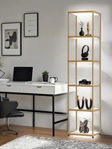 MANBUR Display Shelf with Dimmable LED Floor Lamp, Display Cabinet with Glass Bookcase, Home Decor, Bedroom Decor, Bookshelf with Light, Open Book Shelf with 6-Tier Shelf for Living Room Decor Gold MANBUR