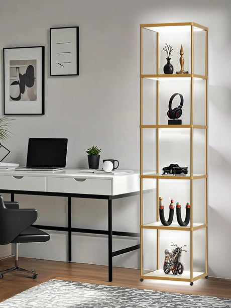 MANBUR Display Shelf with Dimmable LED Floor Lamp, Display Cabinet with Glass Bookcase, Home Decor, Bedroom Decor, Bookshelf with Light, Open Book Shelf with 6-Tier Shelf for Living Room Decor Gold MANBUR
