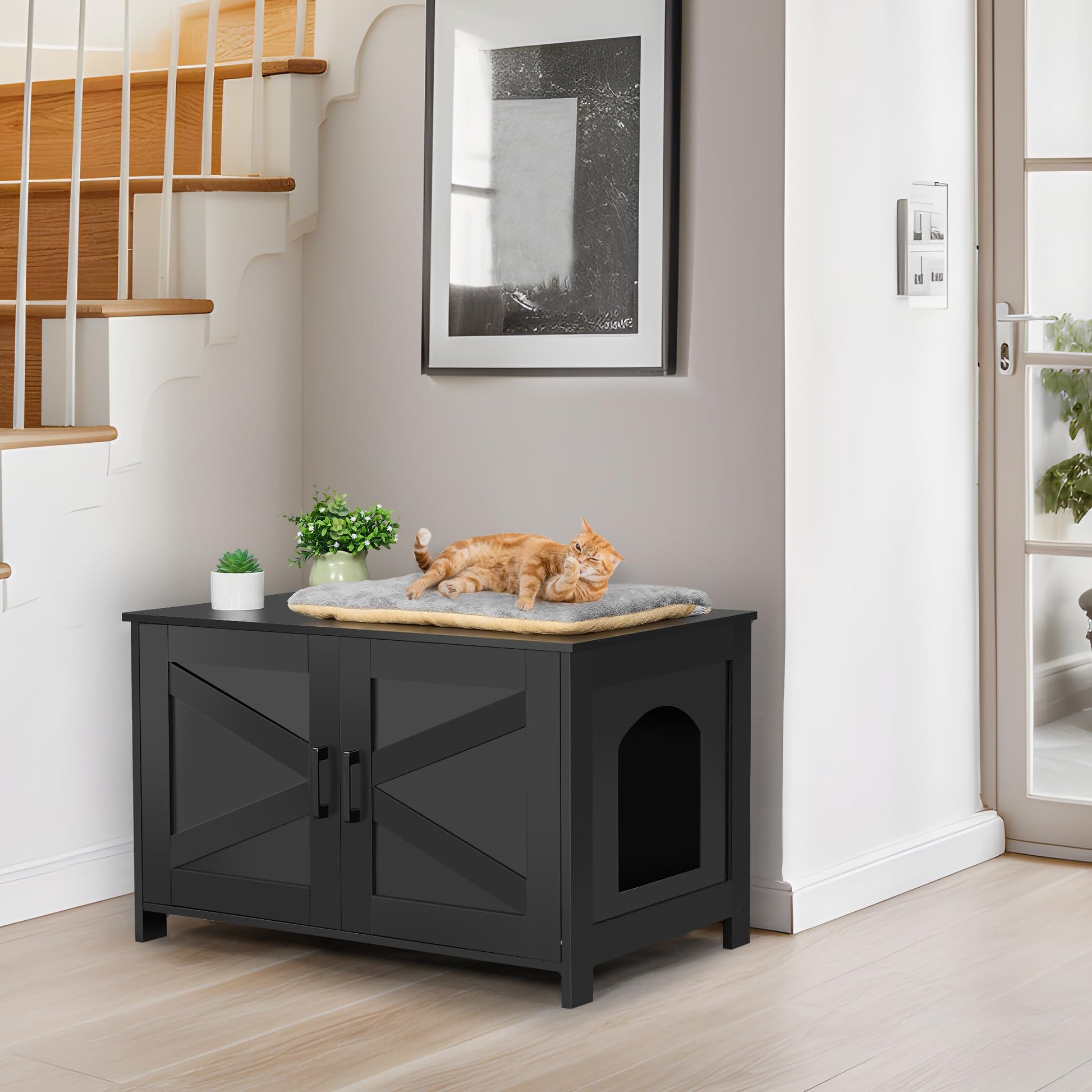 Homhedy Cat Litter Box Enclosure,Litter Box Furniture Hidden with Barn Door,Wooden Cat Washroom Furniture,Cat House,Fit Most of Litter Box, Black - WoodArtSupply