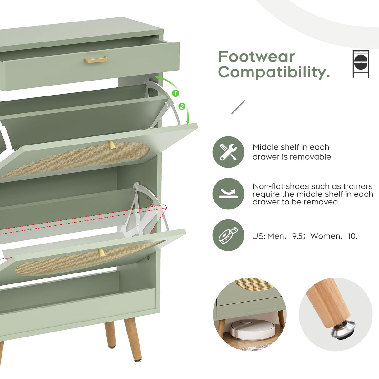 Yechen Shoe Rack Storage Organizer with 2 Natural Semi-Circular Rattan Doors, Entryway Wooden Shoe Cabinet for Sneakers, Leather Shoes, High Heels, Slippers (1 Piece, Morandi Green) Yechen