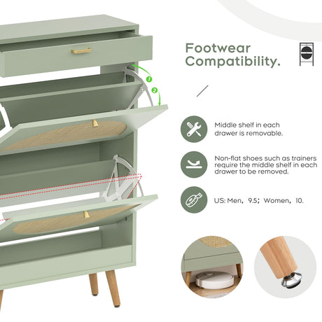 Yechen Shoe Rack Storage Organizer with 2 Natural Semi-Circular Rattan Doors, Entryway Wooden Shoe Cabinet for Sneakers, Leather Shoes, High Heels, Slippers (1 Piece, Morandi Green) Yechen