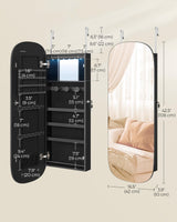 SONGMICS Jewelry Organizer, LED Jewelry Cabinet Wall or Door Mounted, Lockable Rounded Wide Mirror with Storage, Interior Mirror, 3.9 x 16.5 x 42.5 Inches, Black Surface with Black Lining SONGMICS