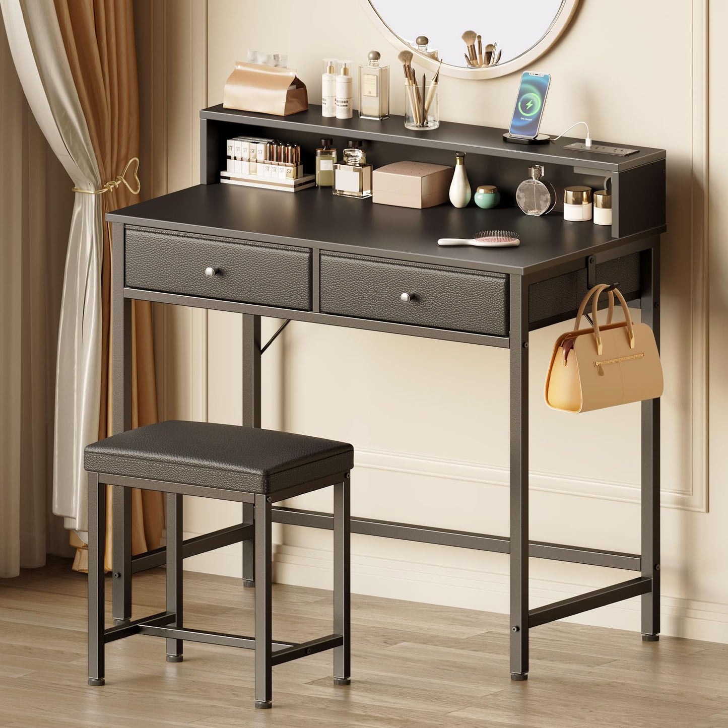 Seventable Vanity Desk Without Mirror, Makeup Vanity with Drawers and Charging Station, Small Desk with Storage for Bedroom, Simple Home Office Computer Desk for Small Spaces, Black