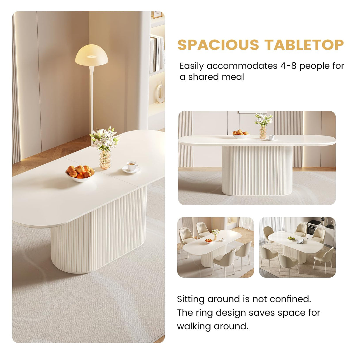 Guyii 86.61" Oval Dining Table, Modern Kitchen Table for 8 People, Indoor Rectangular Dining Room Table for Kitchen, Bar, Living Room, Home, Cream White, Table Only Guyii