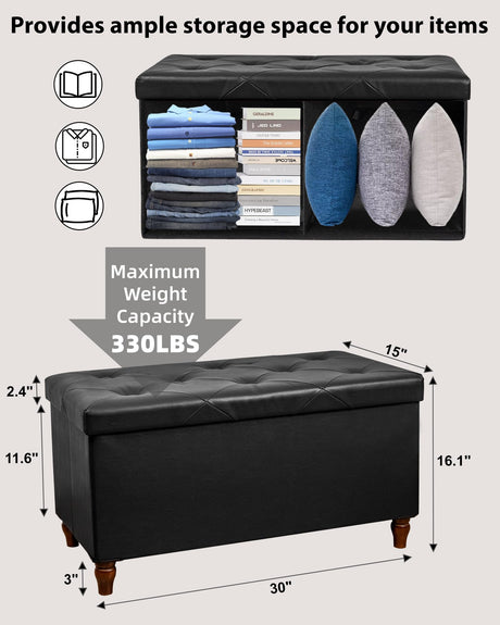 GLAXYFUR 30 Inches Storage Ottoman Bench with Wooden Legs, Faux Leather Folding Ottoman Foot Rest, Storage Bench for Living Room, Hallway & Bedroom, Upgrade Large Capacity (Engineered Wood, Black) GLAXYFUR