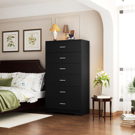 AXCIGOC 48" Tall Dresser for Bedroom Chest of Drawers with Power Outlets Wood 6 Drawers Dresser with Large Storage Space and Metal Handles Modern Closet Storage Drawer for Living Room Hallway Black AXCIGOC