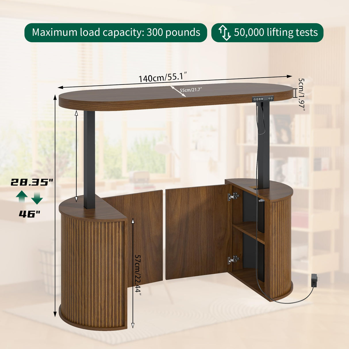 Xyulmeo Mid Century Modern Electric Standing Desk with Storage, 55 x 22 Inch Small Sit Stand Up Desk, Wood Adjustable Height Computer Executive Desk for Home Office, Laptop, Walnut Xyulmeo