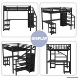 Full Size Loft Bed with Desk,Metal Heavy Duty Full LoftBed with Stairs,Wardrobe and Shelves, High Gaming Loft Beds with LED Light and USB Charging Station for Kids, Teens, Adults, Black Mirightone