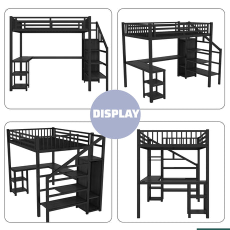 Full Size Loft Bed with Desk,Metal Heavy Duty Full LoftBed with Stairs,Wardrobe and Shelves, High Gaming Loft Beds with LED Light and USB Charging Station for Kids, Teens, Adults, Black Mirightone