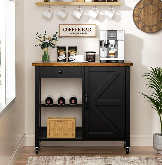 4 EVER WINNER Coffee Bar, Farmhouse Coffee Bar Cart on Wheels with Storage Cabinet and Adjustable Shelves, Wood Corner Coffee Bar Station for Kitchen Dining Room, Living Room, Black