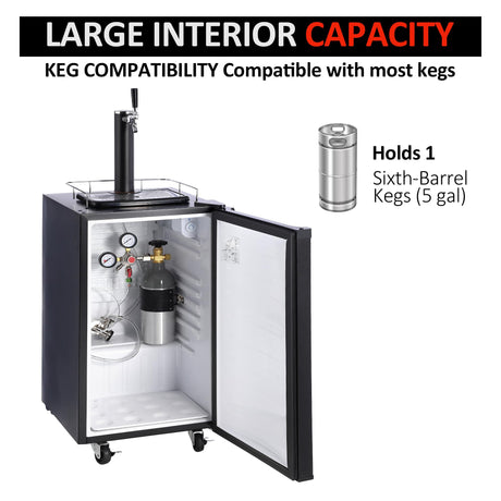 PioneerWorks Beer Kegerator, Single Tap Draft Beer Dispenser, Full Size Stainless Steel Keg Refrigerator With Drip Tray, CO2 Cylinder, 32°F- 50°F Temperature Control PioneerWorks