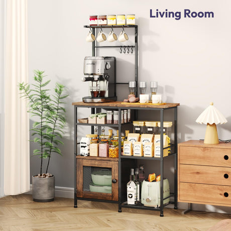 SWTYMIKI Bakers Rack with Storage - Coffee Bar Cabinet Organizer with 8 Hooks, Shelves & Cabinet Door, Coffee Station for Kitchen Dining Room, Microwave Stand with Adjustable Feet, Espresso SWTYMIKI