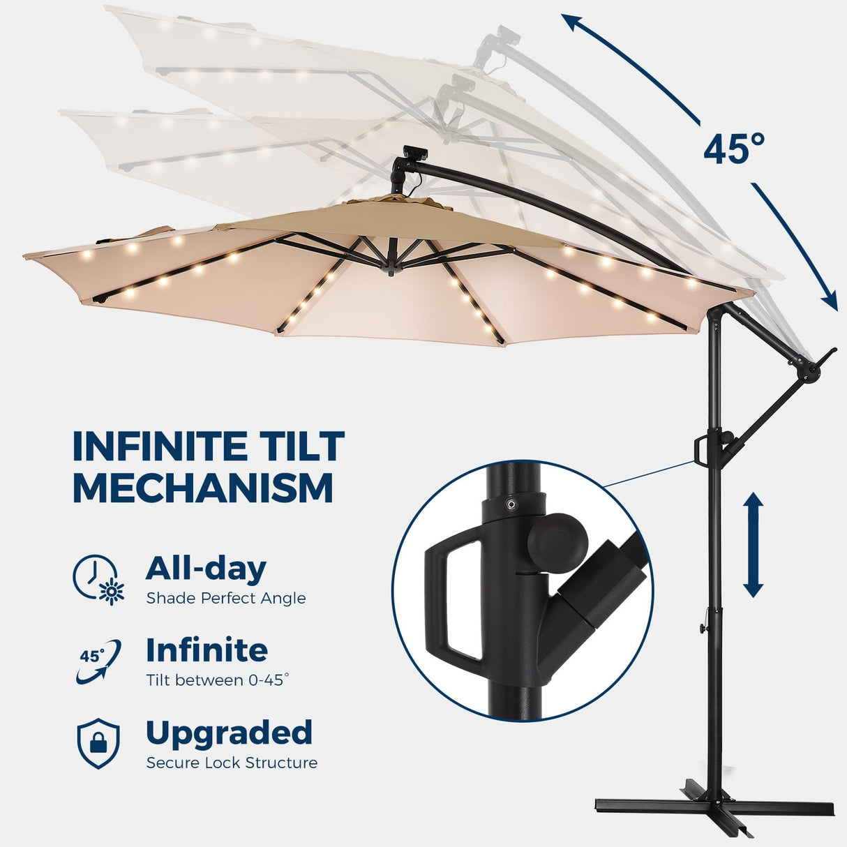 HOMSHADE 10ft Solar Lights Offset Cantilever Patio Umbrella - with Light and Base, LED Lighted Offset Hanging Patio Outdoor Market Umbrella UPF50+ UV Protection with Easy Tilt and Crank (Beige) HOMSHADE