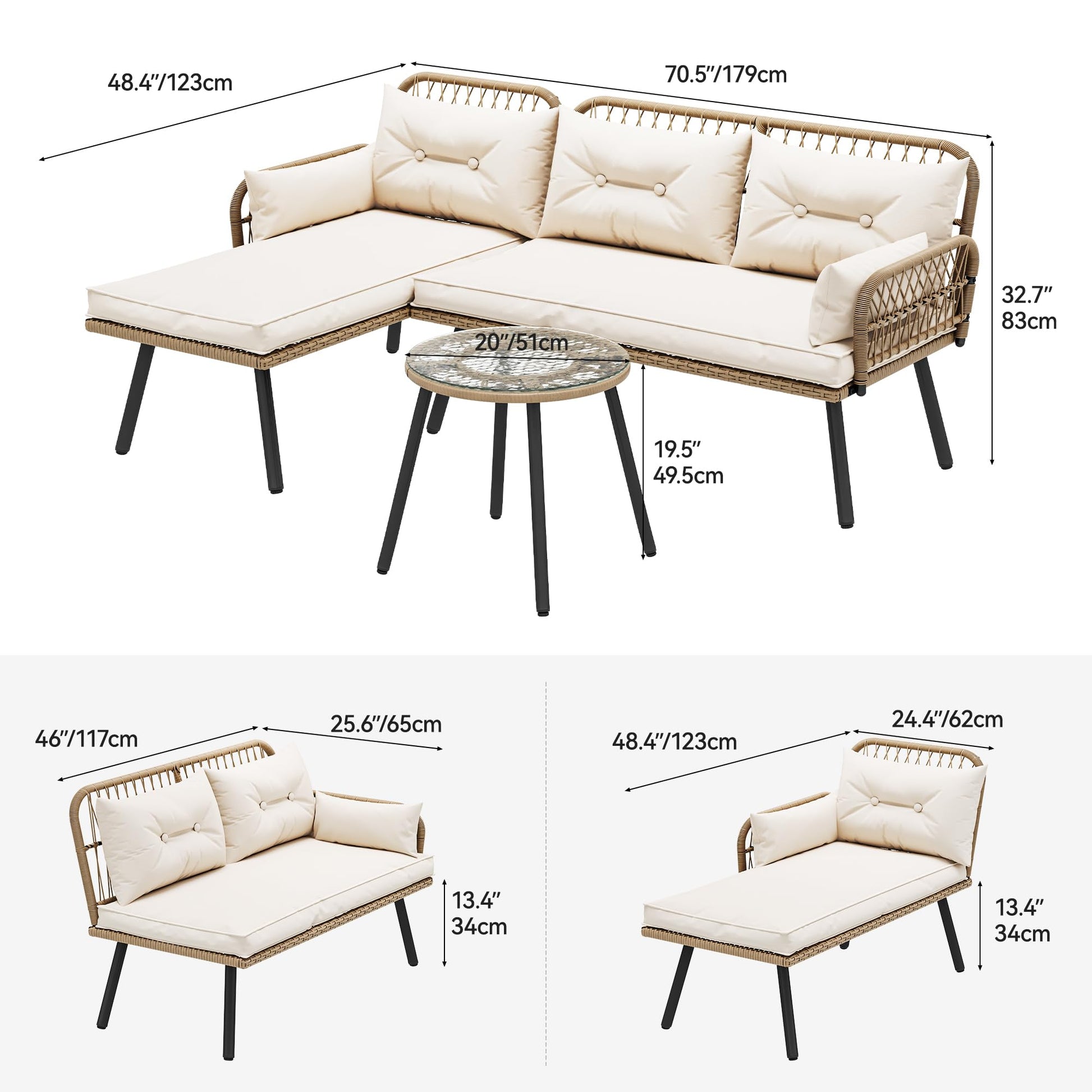 YITAHOME L-Shaped Patio Furniture Outdoor Loveseat Sectional Set for Backyard, Porch with Thick Cushions Detachable Lounger, Side Table (Light Brown+Beige) - WoodArtSupply