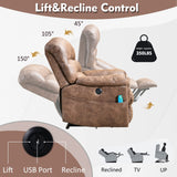 CANMOV Large Power Lift Recliner Chairs with Massage and Heat for Elderly Big People, Heavy Duty Electric Faux Leather Reclining Chairs with USB Port and 2 Side Pockets, Brown CANMOV
