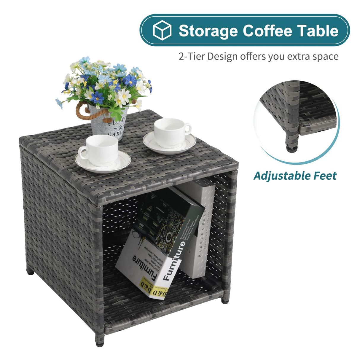 OC Orange-Casual 5 Piece Patio Furniture Set, Wicker Outdoor Conversation Chair and Ottoman Set with Coffee Table, Pillows Included, for Balcony, Porch, Deck, Navy Blue OC Orange-Casual