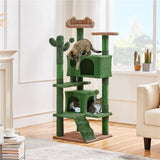 Yaheetech Cactus Cat Tree, 54.5in Tower w/Ramp, Animal-Ear Shaped Perch, Scratching Posts, Platform & Hanging Ball, Multi-Level Condo for Indoor Kittens, Green/Brown Yaheetech